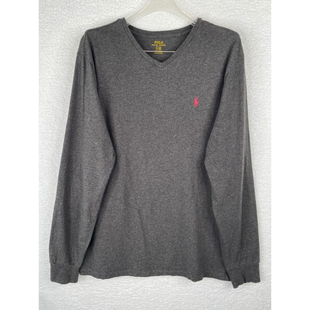 Polo Ralph Lauren Mens Gray V-Neck Long Sleeve T-Shirt Red Pony Logo Large L